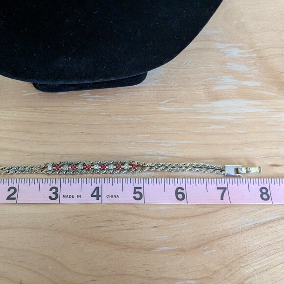 Gold Tone White Red Small Stone Bracelet Two Strand Preppy Classic Quiet Luxury - Picture 10 of 11